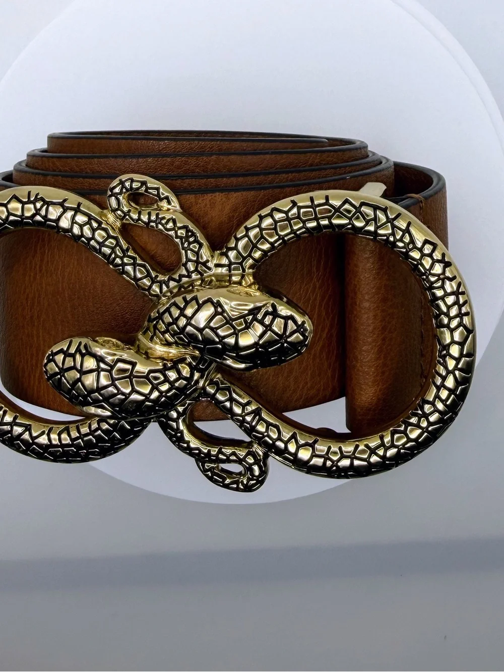 Express Brown Leather Belt with Gold Double-Snake Buckle